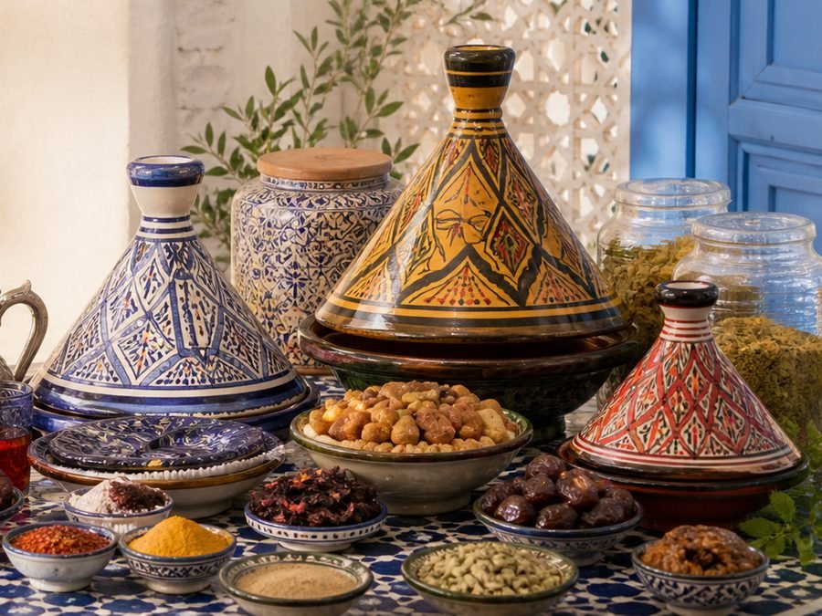 A Moroccan table set with tagines, a silver teapot, tea glasses, dates and spices