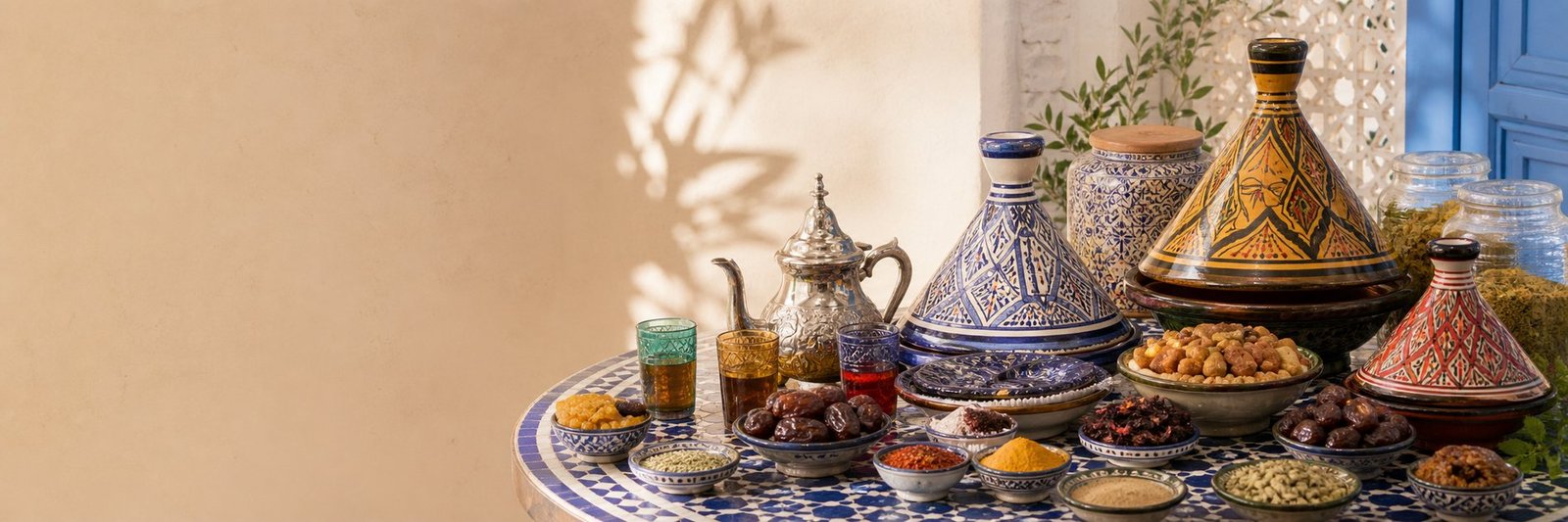 A Moroccan table set with tagines, tea and spices