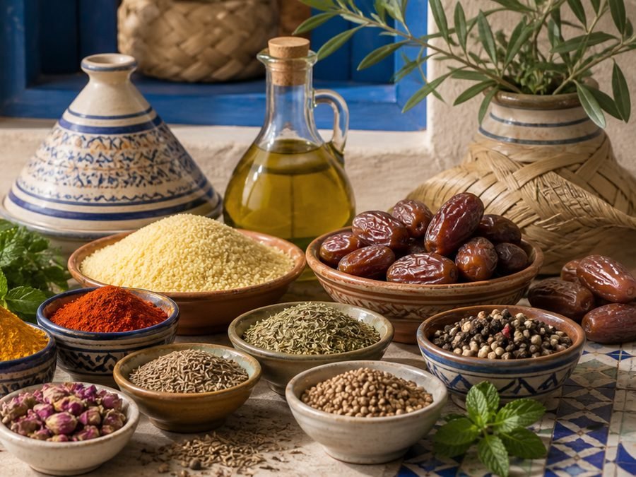Bowls of Moroccan spices, couscous, dates, mint and olive oil on a stone counter