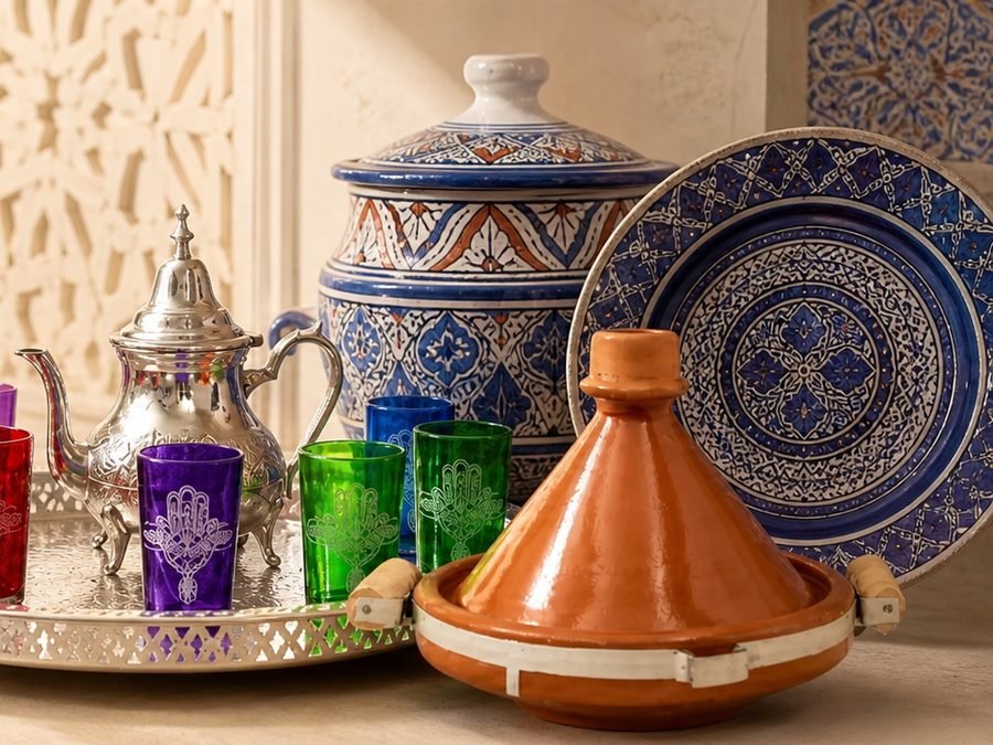 A silver Moroccan teapot and coloured tea glasses on an engraved tray beside blue ceramics