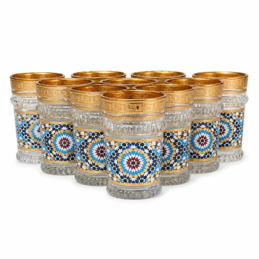 Moroccan Tea Glasses, Blue Zellige Rosette — Set of 12