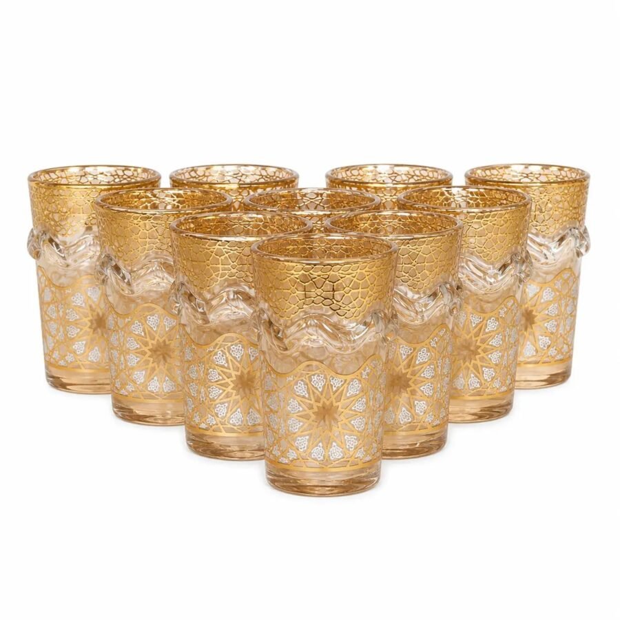 Moroccan Tea Glasses, Gold Arabesque — Set of 12
