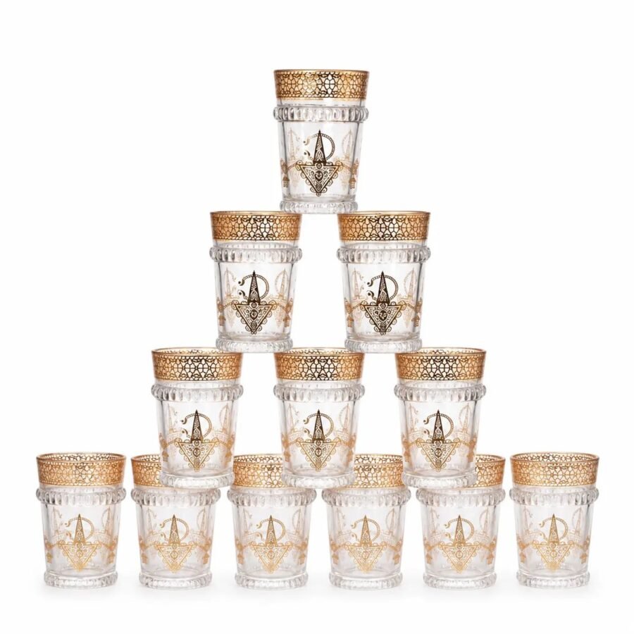 Moroccan Tea Glasses, Gold Lantern — Set of 12