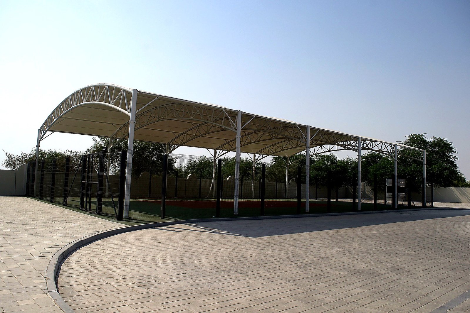 Outdoor sports court canopy — architectural photography