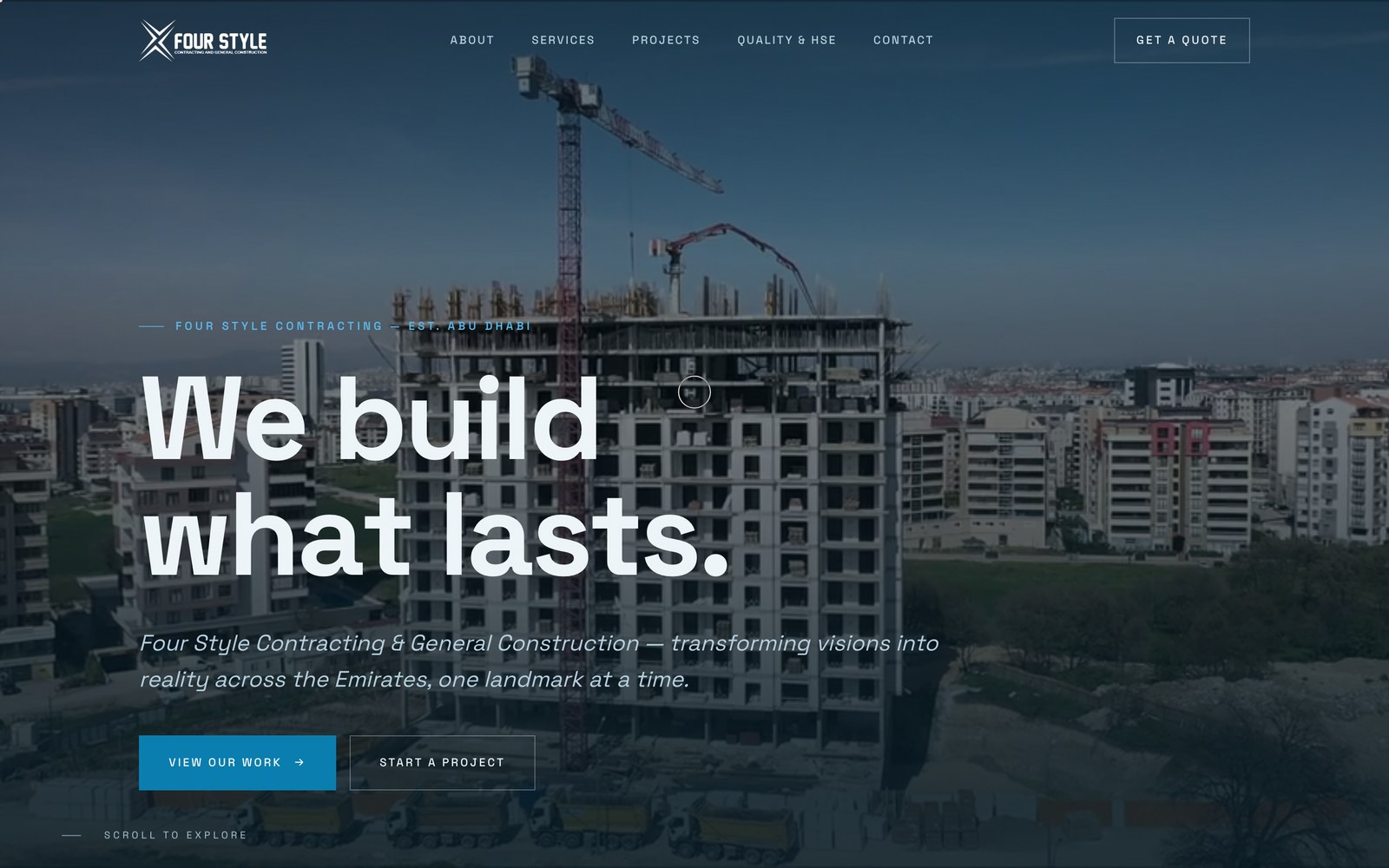 Four Style Contracting website homepage on desktop — modern Abu Dhabi construction company website with project hero